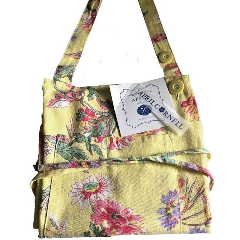 April Cornell Chefs Apron Yellow Purple Pink Flowers 100% Cotton French Country